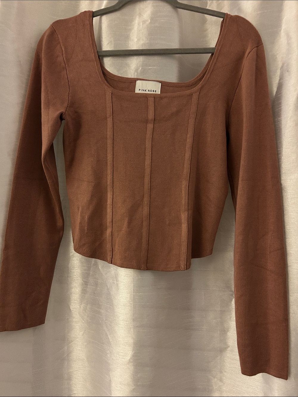 Pink Rose Women's Rust Brown Long Sleeve Square Neck Top